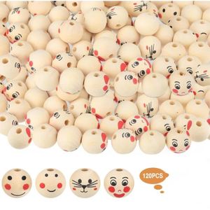 Lot De 15 Perles En Bois Rondes Écrues - Motif Visage 19mm - Neuf Pour Création Bijoux
