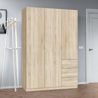 Dmora - Armoire 3 portes Fullerton, 135x52h200 cm, chêne, Panneau effet bois