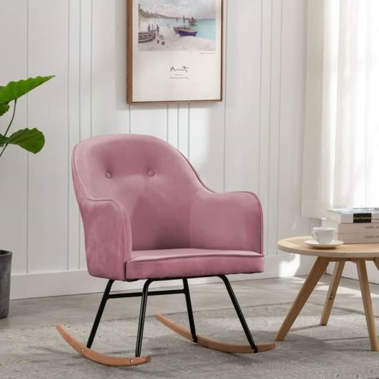Fauteuil à bascule grand confort en velours rose - BELLE - 7553 - Pieds en bois de hêtre - Design contemporain