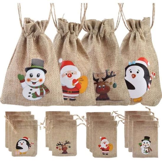 Sac Tissu Noel DAHI 12 Pièces Sacs Cadeau De Noël Tissu Pochon Coton 20x30cm - Grand Sac Toile De Jute Noel