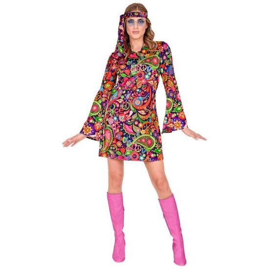 Déguisement hippie - Flower Power - Robe courte - Femme XL - Multicolore