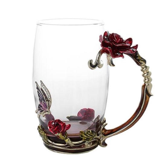 Tasse à Thé En Verre Émaillé - Décor Fleurs Roses Rouges & Doré - Avec Napperon - 4,75cl - Neuf