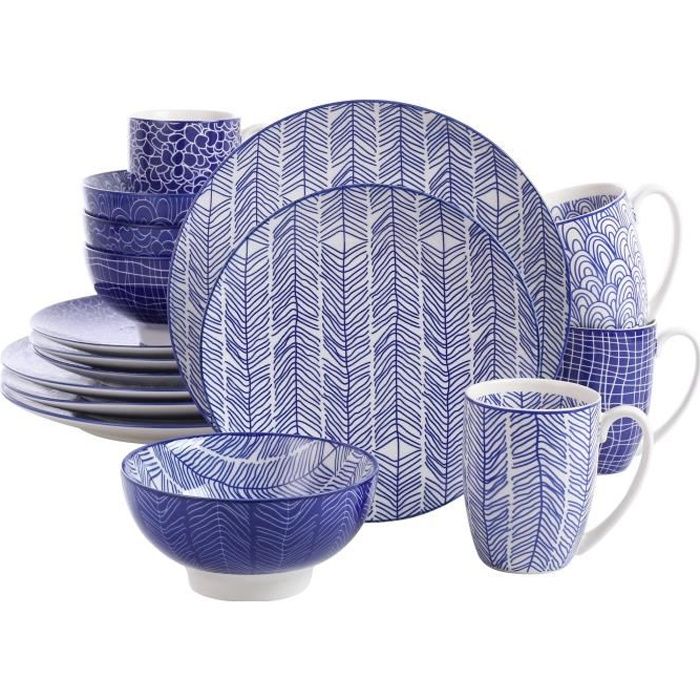 Vancasso TAKAKI 16pcs Service de Table Porcelaline 4pcs pour Assiettes Plate, Assiette Creuse, Bols à Miso, Mug Tasse à Thé, Style