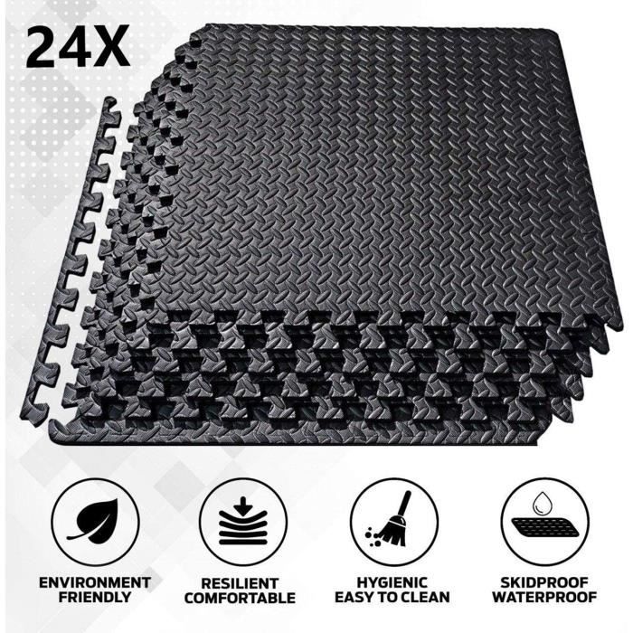 24X Ensemble Tapis de sol, Sport, Tapis Puzzle Antidérapant Mousse Noir 60*60CM