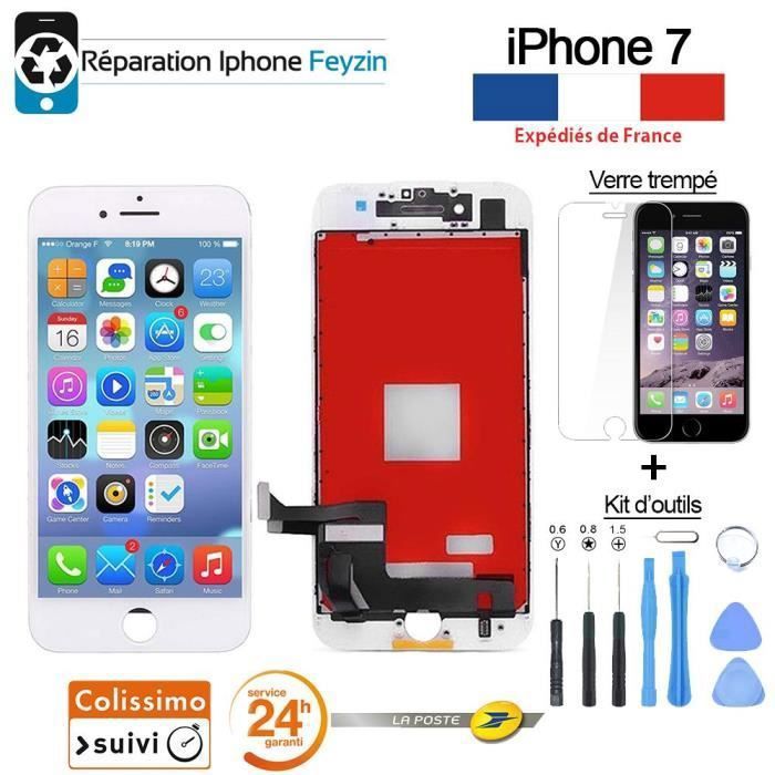 ÉCRAN LCD IPHONE 7 BLANC AVEC VITRE TACTILE SUR CHASSIS + OUTILS + VERRE TREMPE