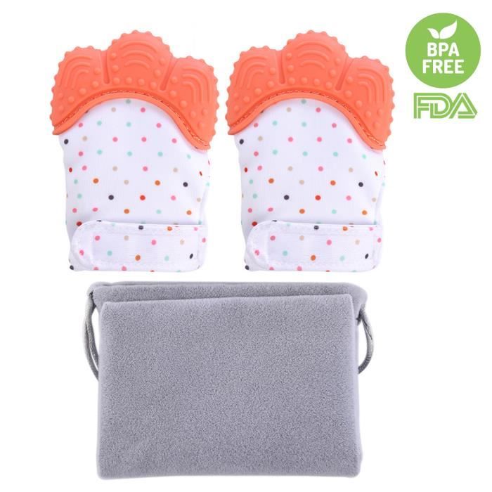 2 Pcs Mitaine de dentition de bébé en silicone Auto-apaisant Gant de dentition avec sac de rangement - Orange
