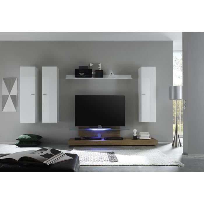 Ensemble meuble TV blanc laqué et chêne avec éclairage LED en option contemporain ANITA Avec L 309 x P 50 x H 180 cm Blanc