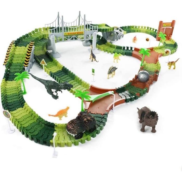 Circuit Voiture Enfant Electrique Dinausaures Jouet - 216 Pièces Jeux Piste Circuit Cars Flexible avec 8 Dinosaures Jouet 21