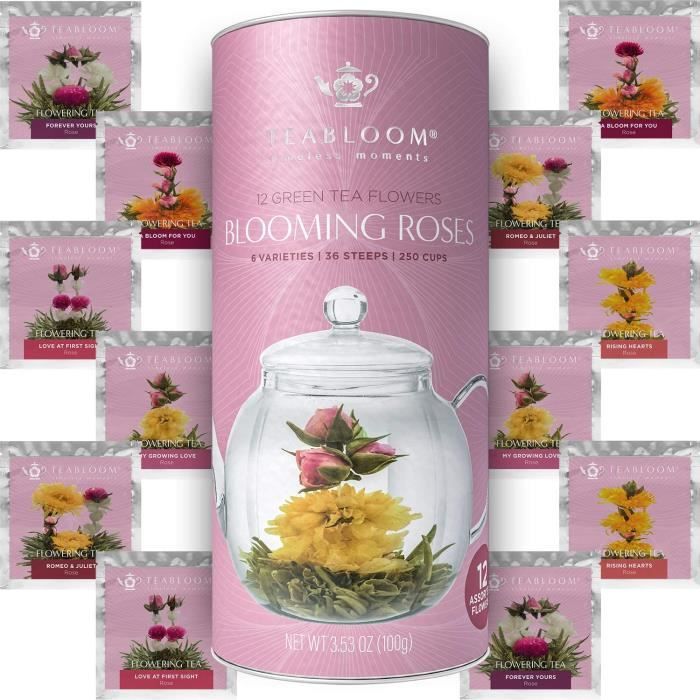 Coffret cadeau de roses de thé Teabloom - Assortiment de 12 fleurs de thé vert confectionnées à la main – Cartouche cadeau roses de