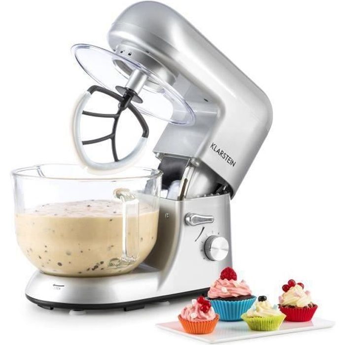 Klarstein Bella Argentea 2G Robot de cuisine patissier multifonction 1200W - Crochets & fouet - Bol verre 5l - 6 vitesses - Argent