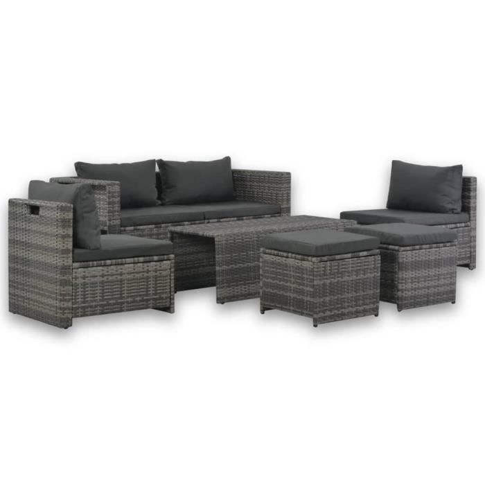 Salon de jardin 6 pcs avec coussins Résine tressée Gris