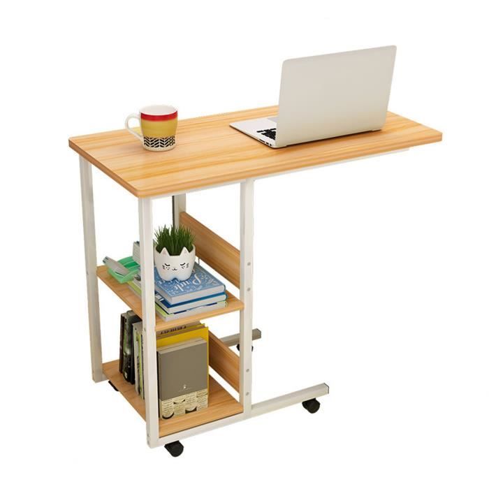 Table de Lit Table d'ordinateur a Roulettes Bureau en Bois -2 Etageres -L60cm