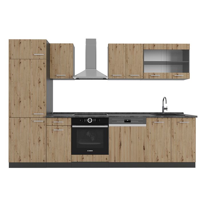 Cuisine R-Line, 300 cm avec armoire haute, PT Chêne, Noir brillant