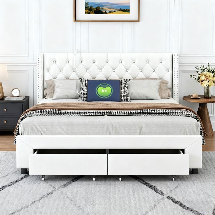 Lit adulte double 160x200cm en Velours beige avec 2 tiroir-WOEDVJN-avec chargement USB et LED-2 places-Sommier à lattes et sommier