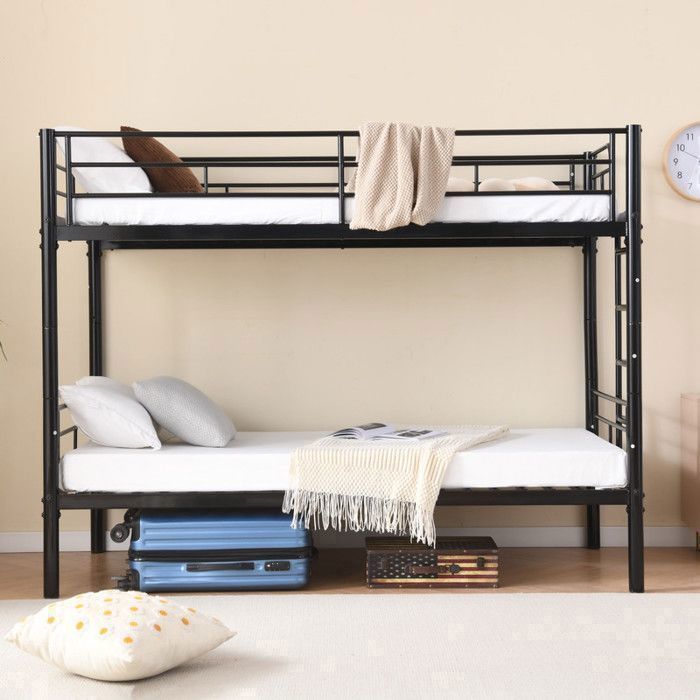 Lit superposé métal 90x190 cm pour enfant ado convertible en deux lit simple barrières et sommier Silencieux et robuste Noir