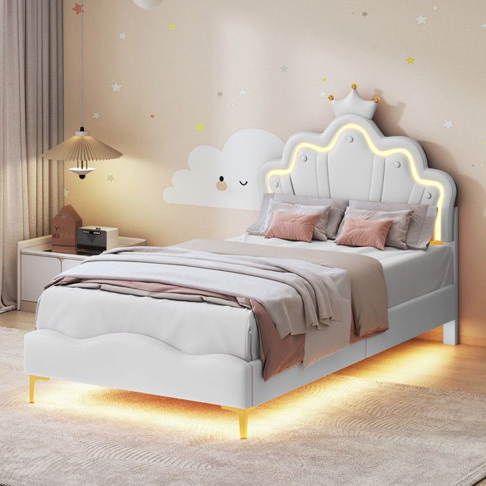 Lit princesse 90 x 200 pour fille avec LED et sommier lit enfant décor couronne cadre de lit avec sommier cuir synthétique blanc