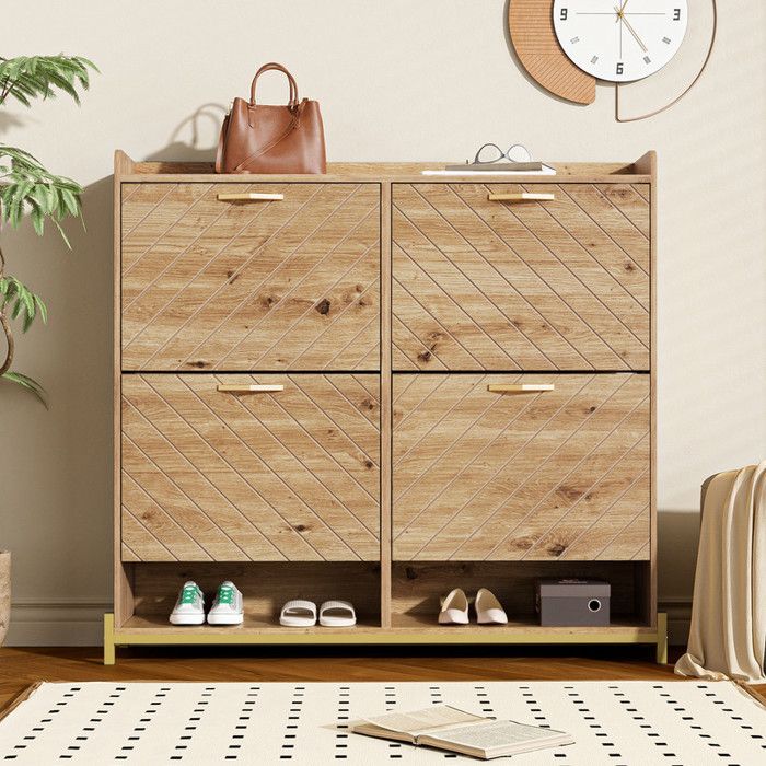 Meuble à Chaussures Moderne Aspect Bois - Armoire à Chaussures Meuble dentrée avec 4 Portes Pour Couloir et entrée 108.5x24x100 cm