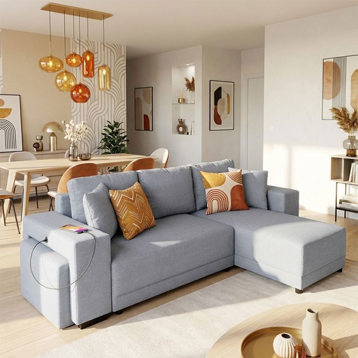 VEGA Canapé dangle reversible convertible gris (tissu texturé) - Taille M - 4 places - 254 x 155 x 86