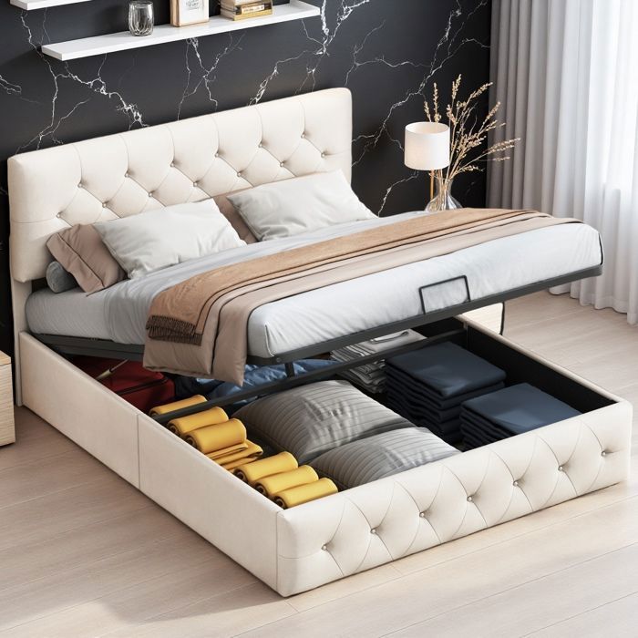 Lit double 160x200 cm - Velours Abricot - Sommier avec Rangement - Design Luxe - 2 Personnes