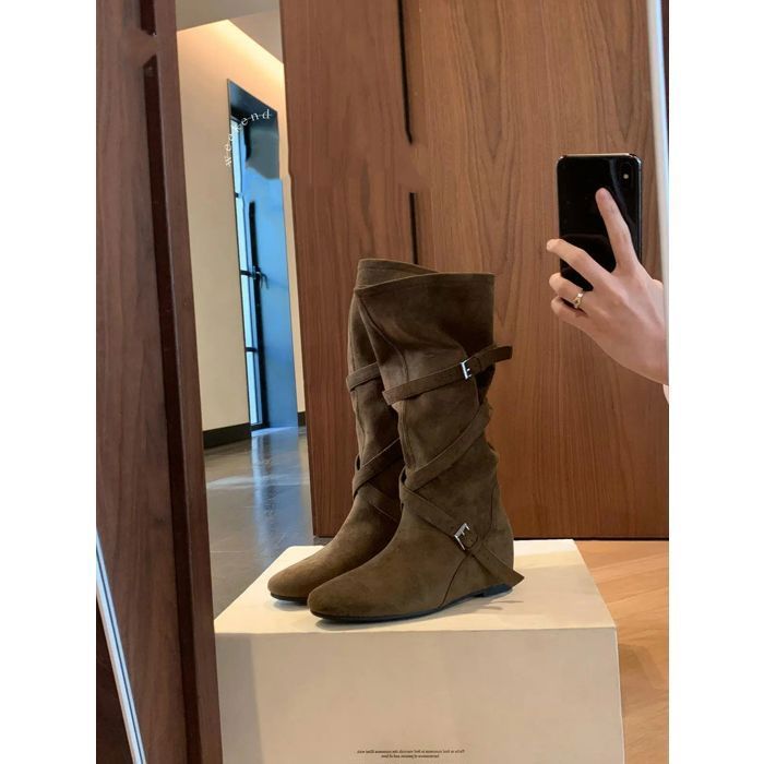 Mi-Bottes Cavalières En Daim Camel Eden Shoes - Taille 39 - Doublure Cuir - Occasion Très Bon État