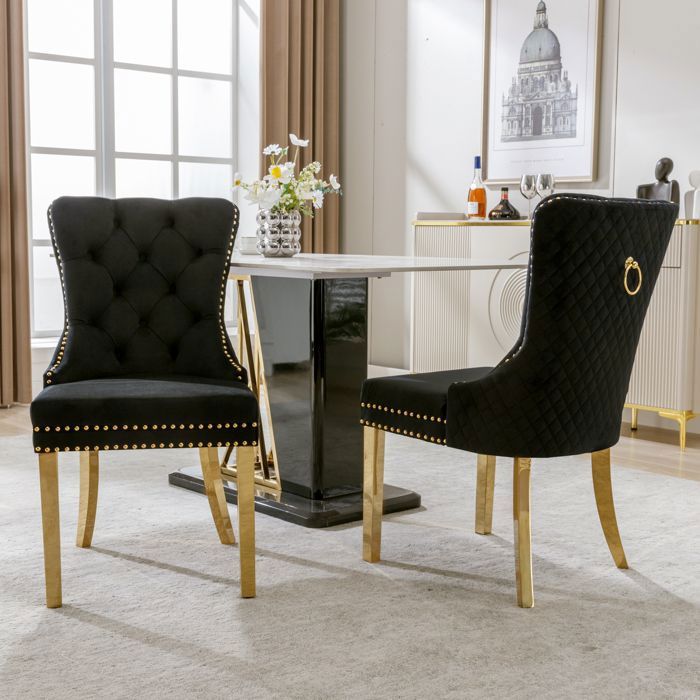Chaise de cuisine avec anneaux de traction ronds uniques sur le dos Lot de 2 Chaise rembourrée avec set de tête à clous Noir/Or