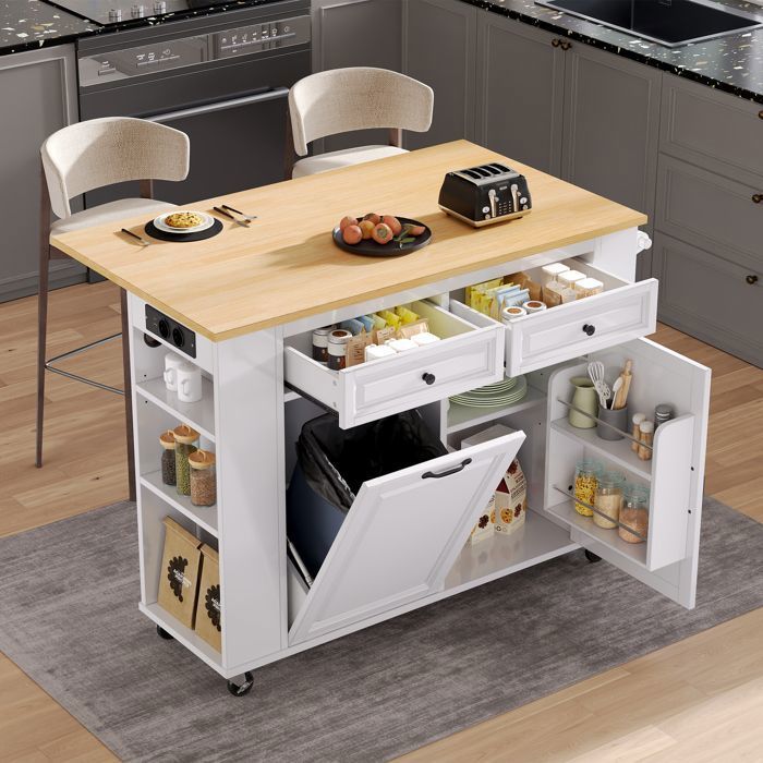 Île de cuisine avec rouleaux Table à manger extensible Île de cuisine avec compartiment de conteneur à déchets et