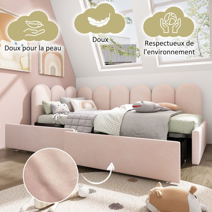 Canapé-Lit Kehun 90 x 190 cm Lit Simple avec Sommier à Lattes 2 Tiroirs Lit avec Rangement Velours Rose (Matelas Non Inclus)