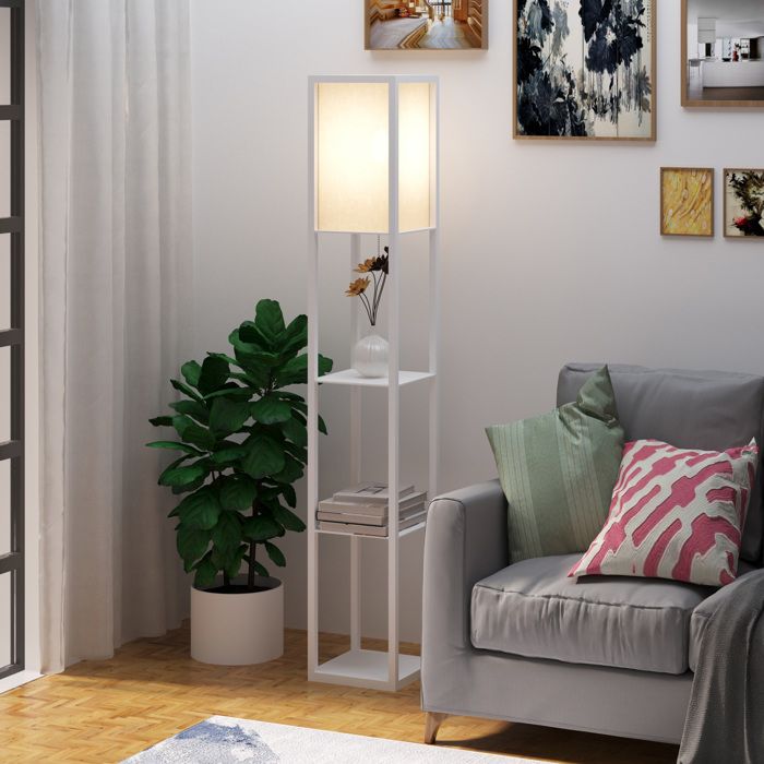 Lampadaire étagère Lampe étagère 26L x 26l x 160H cm 3 étagères 4 Niveaux MDF Blanc