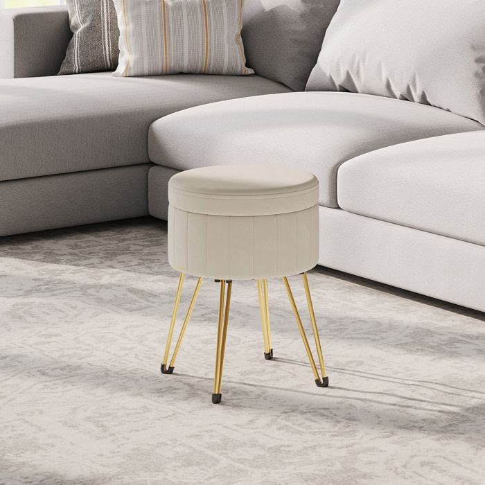 Tabouret de rangement - Velours - 39 cm - Blanc - 136 kg - 4 pieds métal Tabouret de rangement - Velours - 39 cm - Blanc - 136 kg - 4 pieds métal