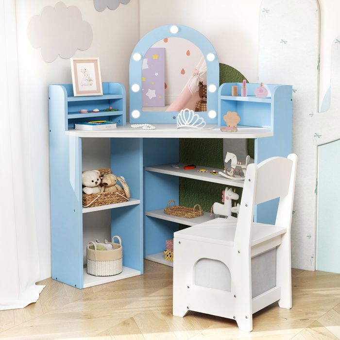COSTWAY Coiffeuse Enfants d’Angle avec Chaise 5 Accessoires Miroir Lumières 3 Étagères de Rangement 5 Compartiments Ouverts Blanc