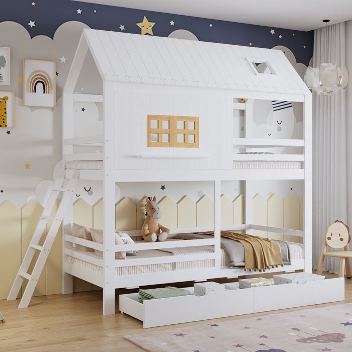 Lit superposé cabane 90x200 cm avec fenêtres toit lit enfant en bois avec 2 tiroirs lit mezzanine avec sommier à lattes blanc