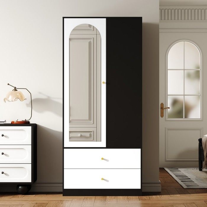 Armoire moderne 1 porte avec miroir 2 tiroirs et 4 étagères rangement polyvalent chambre blanc et noir dimensions 80x40x180 cm Armoire moderne 1 porte avec miroir 2 tiroirs et 4 étagères rangement polyvalent chambre blanc et noir dimensions 80x40x180 cm