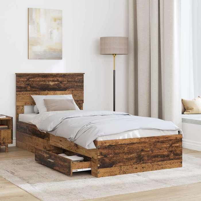 BEAU Cadre de lit - Tête de lit - SARAZYJ - Meuble de chambre - 1 Personnes - Bois ancien 90 x 190cm Bois dingénierie -
