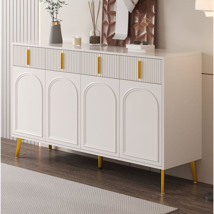 Buffet bas 4 Portes 4 Tiroirs avec 2 Étagères Réglables - YEAVIO - Blanc et Or pour Salon Salle à Manger 140×38×82 cm
