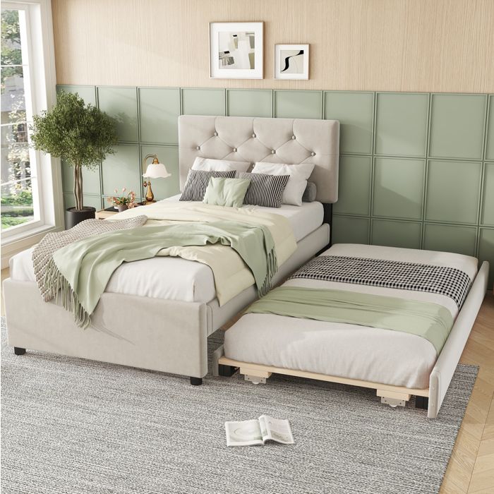 Lit enfant beige 90×200 cm avec sommier inclus lit modulable à tiroir gigogne sans matelas