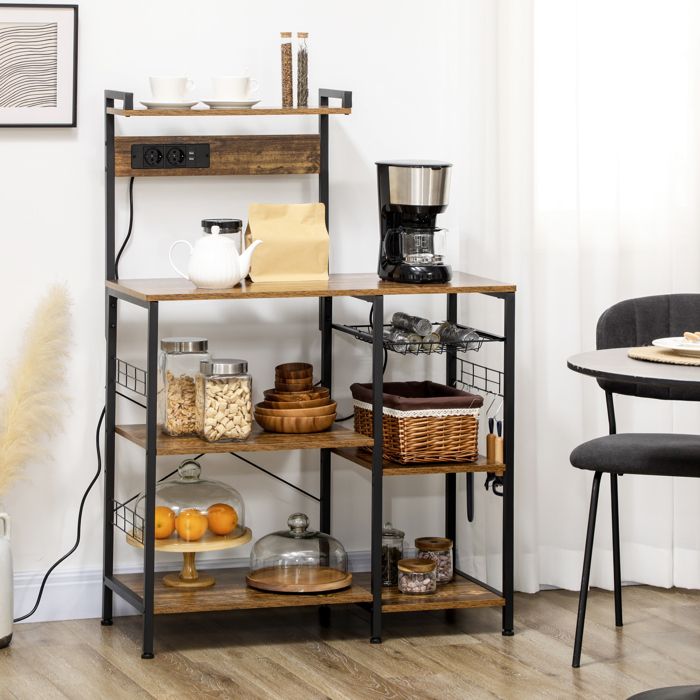 MOTHINESSTO2951-Meuble de cuisine avec prises intégrées pour micro-ondes avec étagères style industriel 90x42x130cm marron