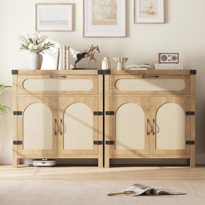 Buffet en rotin - LUNSY - Dimensions 76x35 3x84 cm - Finition bois naturel et rotin - Poignées en métal