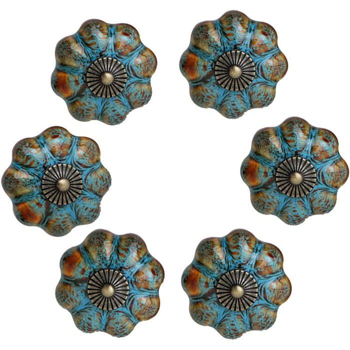 Lot de 6 poignées de porte décoratives en céramique émaillée pour armoires salles de bains armoires tiroirs (bleu)