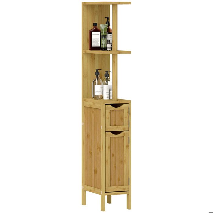 Colonne de salle de bain bambou meuble rangement haut sur pied WC 2 placards 2 étagères anti-basculement 18L x 30l x 120H cm