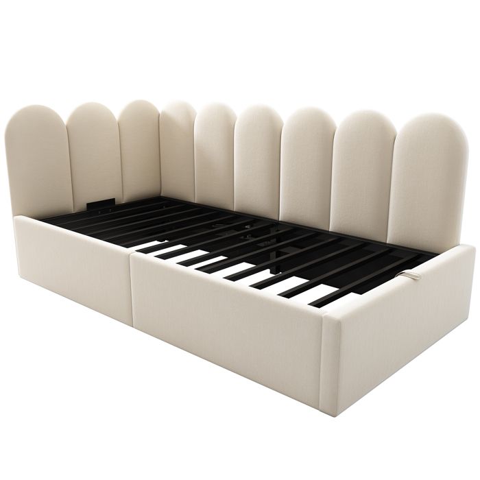Lit banquette 90x190 beige en velours avec coffre hydraulique et sommier métal sans matelas
