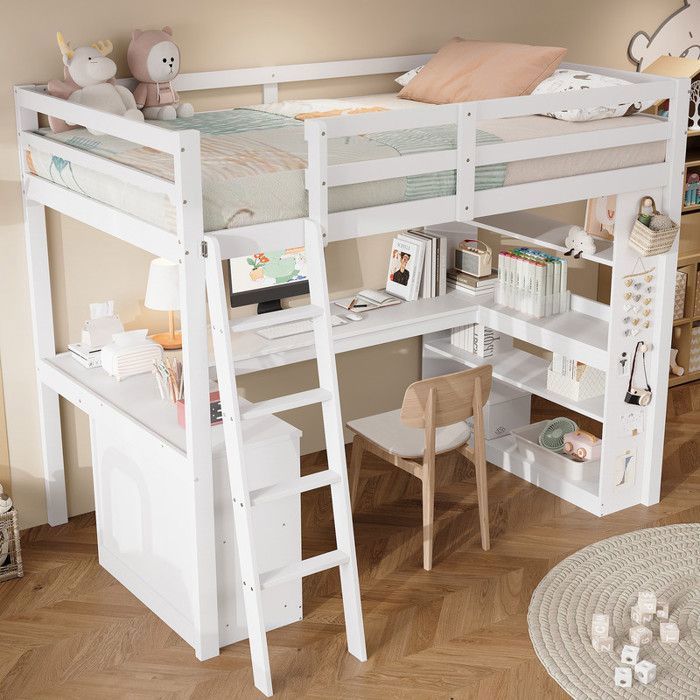 Lit superposé enfant 90x200 avec bureau Lit mezzanine étagère de rangement lit simple pour jeune lattes en bois(Sans Matelas)