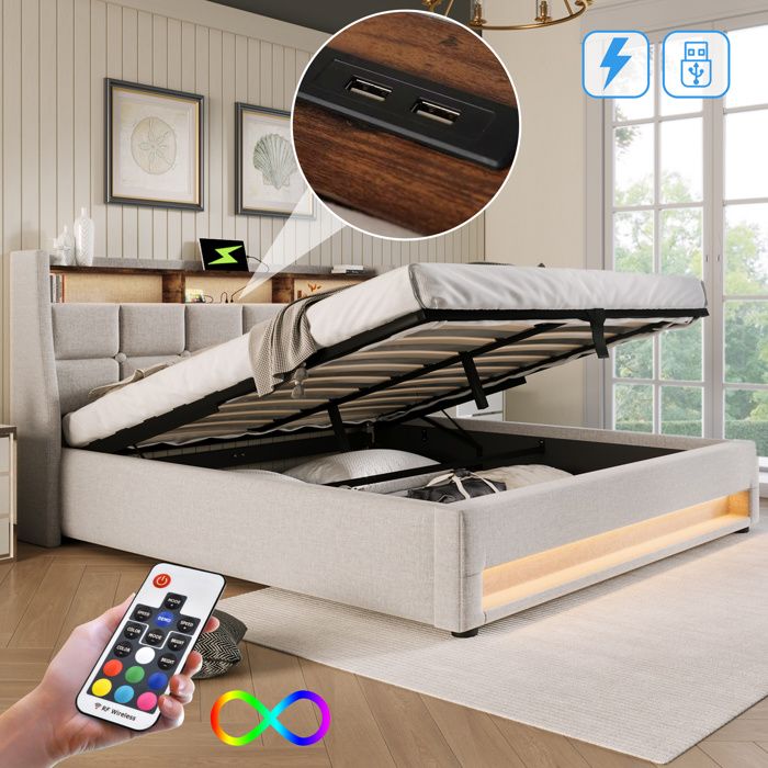 Lit double rembourré LED - 160x200 cm - Beige - Lin - Éclairage LED avec télécommande - Ports USB intégrés
