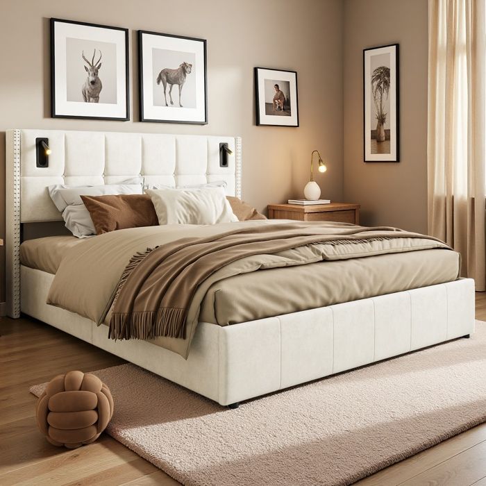 Lit coffre 160x200 lit double avec rangement et sommier hydraulique lit adulte avec lampe de chevet lit rembourré velours beige