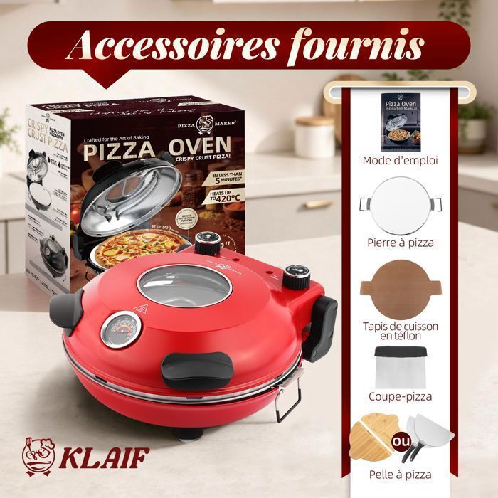 KLAIF Four à pizza électrique de comptoir avec pierre en céramique de 31 cm deux commandes de température réglables Rouge