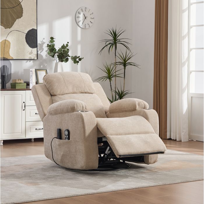 Fauteuil relax massant électrique pivotant 360° avec chauffage chenille beige repose-pieds et dossier réglables