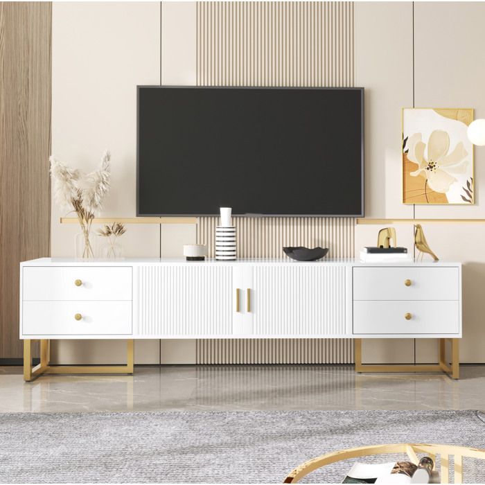 Meuble TV 175 cm blanc avec 4 tiroirs 2 portes texturées poignées et pieds dorés MDF