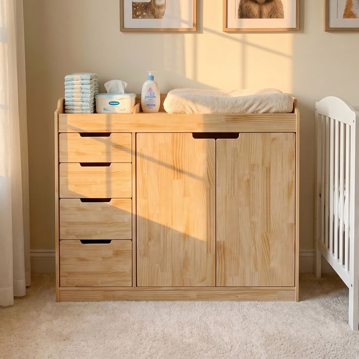 Commode à Langer en Pin avec 4 tiroirs et 2 portes Table à Langer sans poignées pour bébé 118x45x100 Naturel