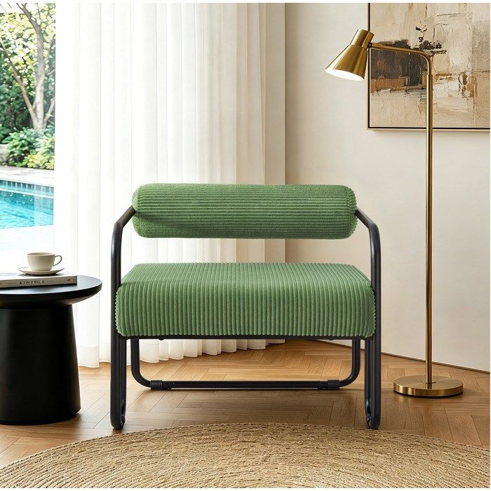 Fauteuil lounge moderne en velours côtelé vert structure métal noir style industriel 68 5 x 73 x 70 5 cm ORVRYN