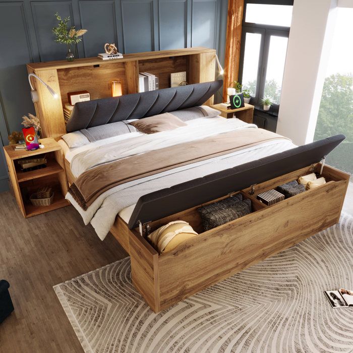 ROVRYN Lit double 180 x 200 cm avec rangement 2 tables de chevet banc coffre lampes USB chêne