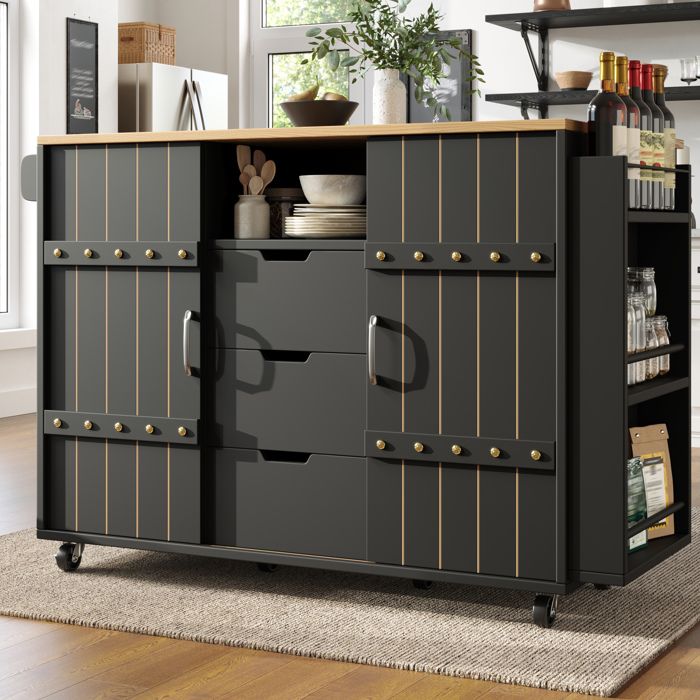 JOINERY meuble cuisine desserte mobile rangement 110 x 42 x 90 cm MDF noir portes coulissantes 3 tiroirs plateau rabattable
